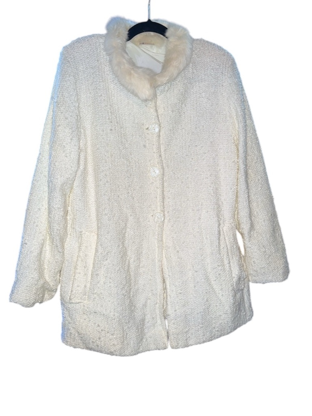 VINTAGE Women's Cream Faux Fur Collar Bouclé Coat